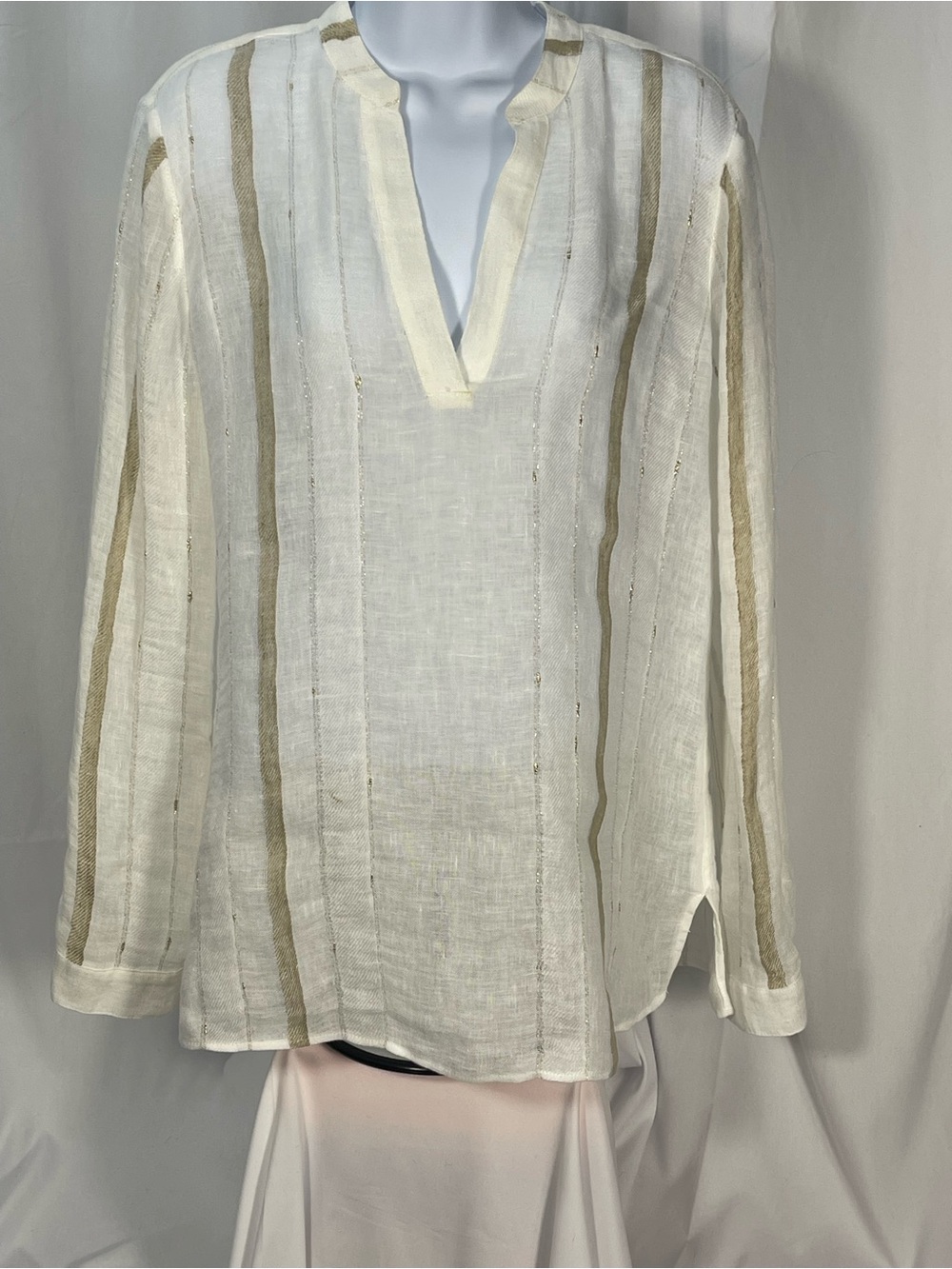 Etcetera Cream w/Gold Accents V neck Tunic. 97% Linen Blend. Flowy sophisticated